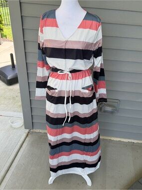 NWOT Women's XL Stripe V-Neck Long Sleeve Maxi Dress w/ Pockets Beach Fall